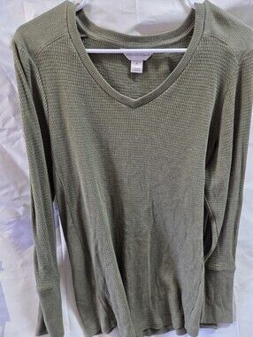 Christopher & Banks Olive Green Waffle V-Neck Long Sleeve Top